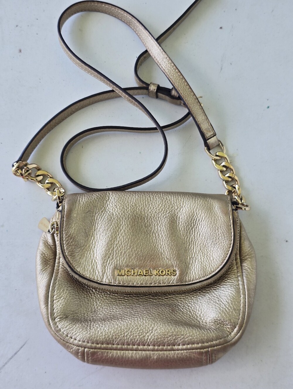 Michael Kors Metallic Gold Pebbled Leather Crossbody Bag Chain Strap 6x8